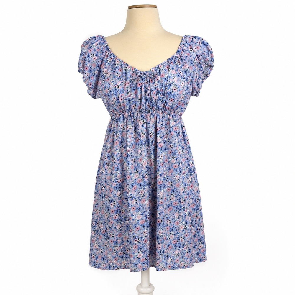 Floral Milkmaid Babydoll Peasant Dress Size M Blue Pink Cottagecore Prairie Boho